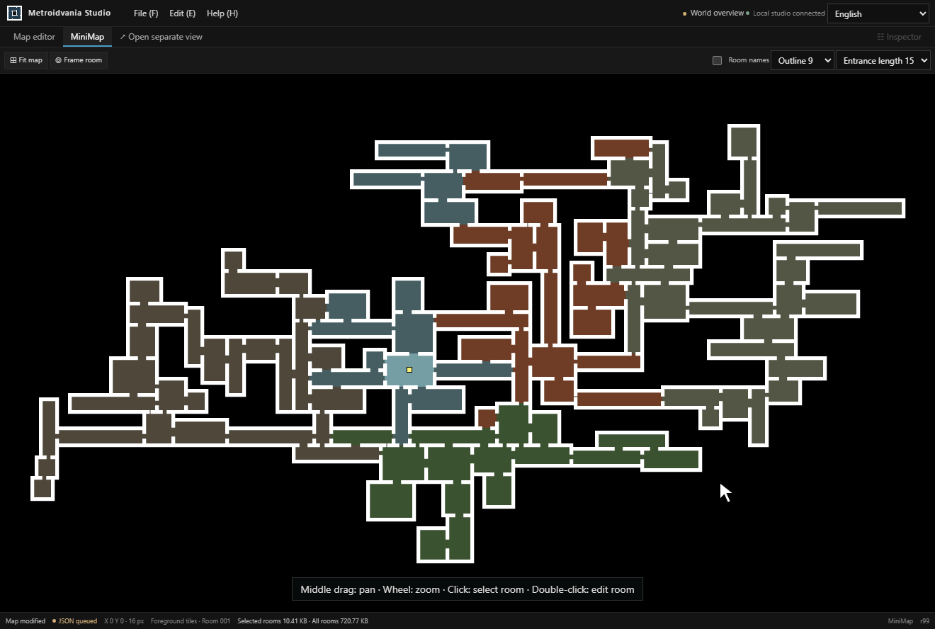 Explore a connected minimap, open a room, and zoom out in the map editor